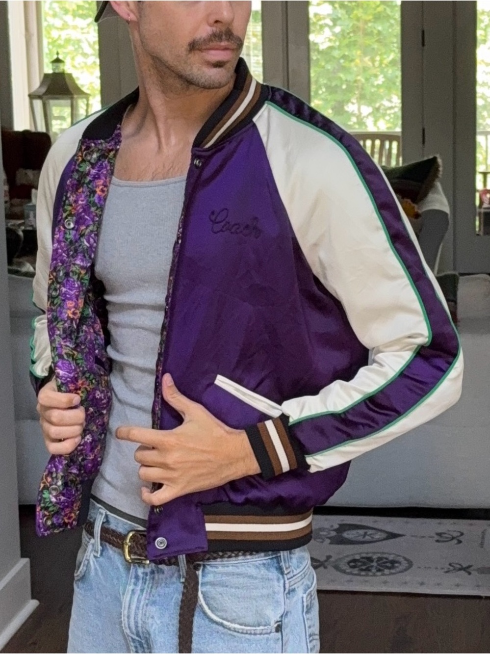 💜 Coach Reversible Floral Satin Bomber Jacket Purple Varsity Coat S